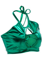 Chaleco de verano sexy ajustado con tirantes finos y cuello halter con aberturas y recortes de cuero brillante para mujer
