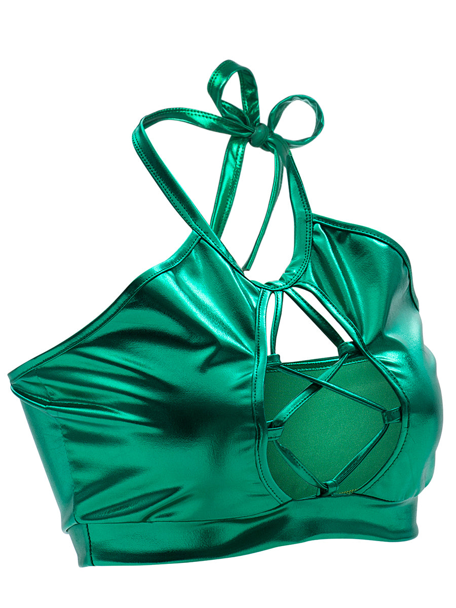 Chaleco de verano sexy ajustado con tirantes finos y cuello halter con aberturas y recortes de cuero brillante para mujer