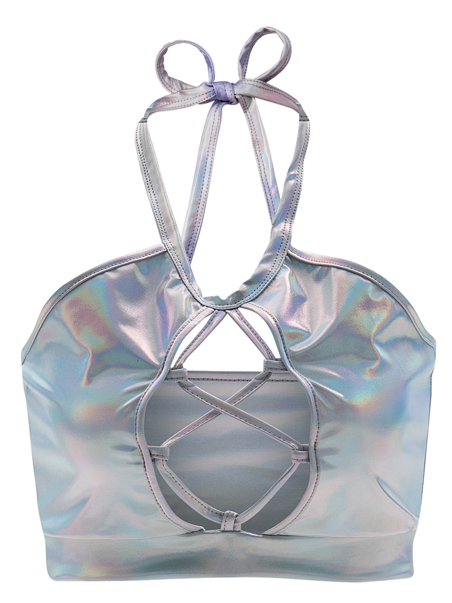 Chaleco de verano sexy ajustado con tirantes finos y cuello halter con aberturas y recortes de cuero brillante para mujer