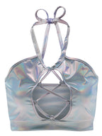 Chaleco de verano sexy ajustado con tirantes finos y cuello halter con aberturas y recortes de cuero brillante para mujer