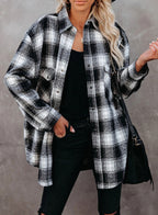 Chemise cardigan mi-longue à carreaux, col ample, style automne-hiver, pour femme.