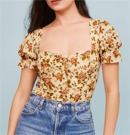 Camisa ajustada de moda de verano, camisa de cuello cuadrado, blusa francesa vintage con pequeñas flores y mangas abullonadas para mujer