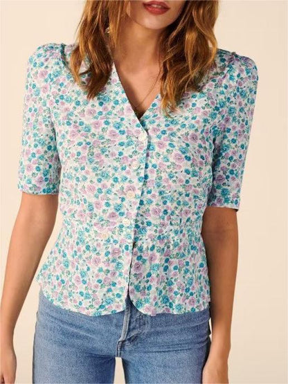 Camiseta de manga corta con cuello en V y estampado floral retro de Hong Kong para mujer