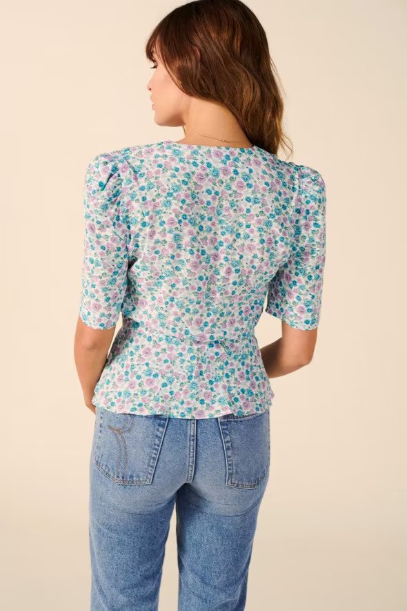 Camiseta de manga corta con cuello en V y estampado floral retro de Hong Kong para mujer