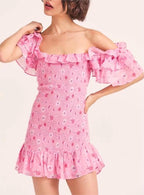 French Elastic Wrapped Chest Flying Sleeves Printed Dress Women Elastic Slimming Square-Cut Collar Hip Yvonne