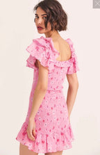 French Elastic Wrapped Chest Flying Sleeves Printed Dress Women Elastic Slimming Square-Cut Collar Hip Yvonne