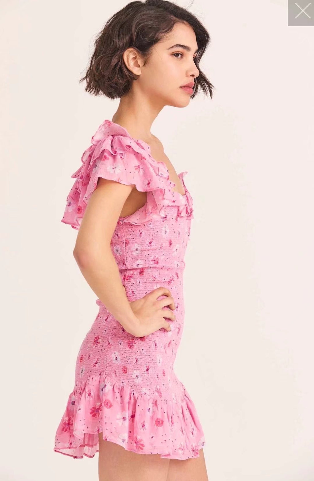 French Elastic Wrapped Chest Flying Sleeves Printed Dress Women Elastic Slimming Square-Cut Collar Hip Yvonne