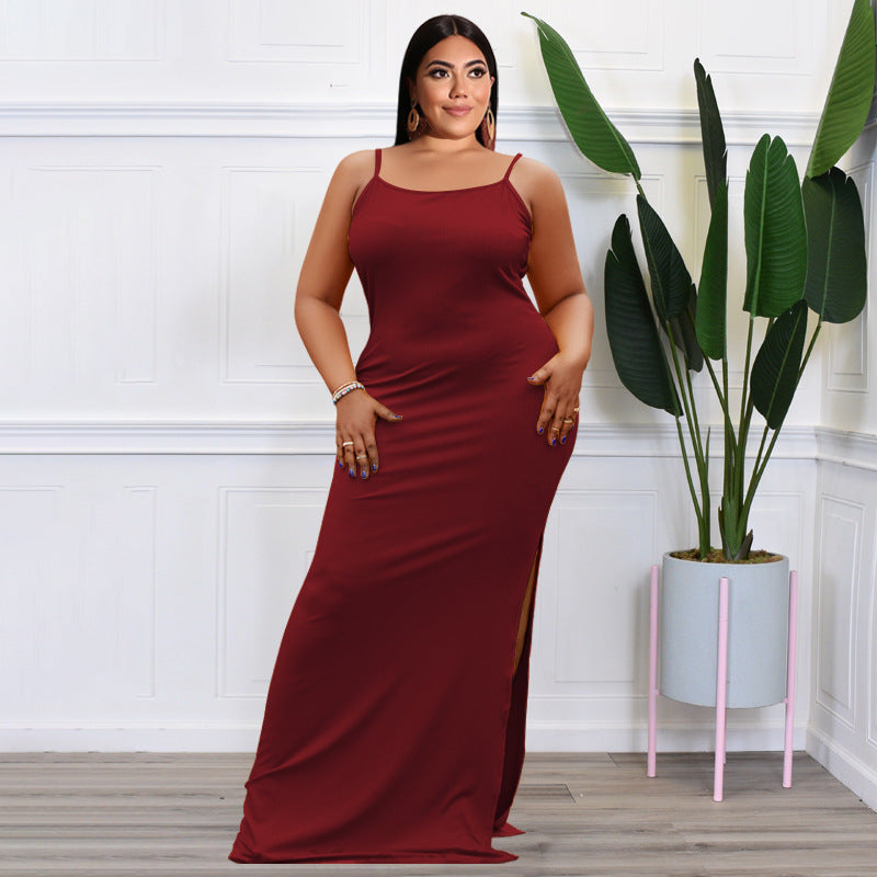 Plus Size Women Clothes Summer Sunken Stripe Sleeveless Split Sexy Tight Dress OFASHION