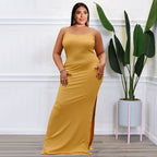 Plus Size Women Clothes Summer Sunken Stripe Sleeveless Split Sexy Tight Dress OFASHION
