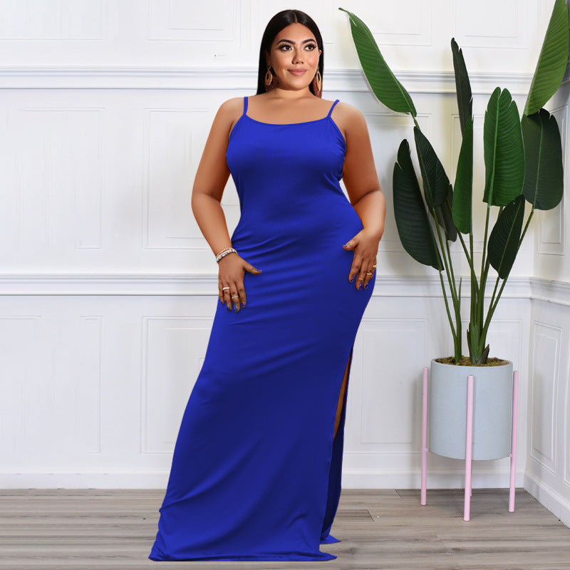 Plus Size Women Clothes Summer Sunken Stripe Sleeveless Split Sexy Tight Dress OFASHION
