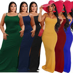 Plus Size Women Clothes Summer Sunken Stripe Sleeveless Split Sexy Tight Dress OFASHION