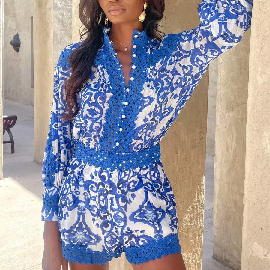 Camisa informal con estampado de posicionamiento azul retro de verano para mujer