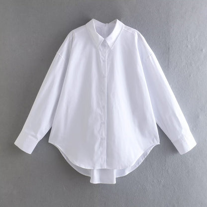 Camisa holgada de popelina de algodón de verano para mujer, de color liso, con cuello delantero y trasero, manga larga