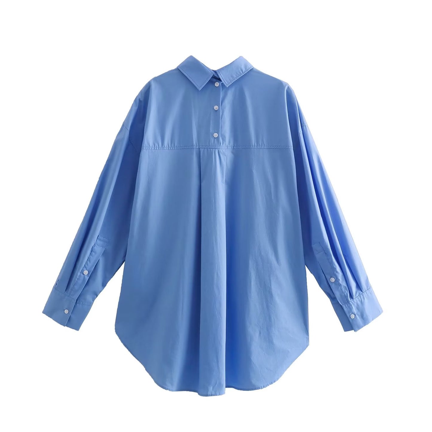 Camisa holgada de popelina de algodón de verano para mujer, de color liso, con cuello delantero y trasero, manga larga