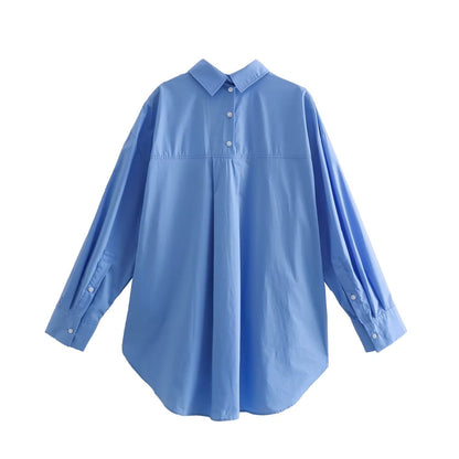 Camisa holgada de popelina de algodón de verano para mujer, de color liso, con cuello delantero y trasero, manga larga