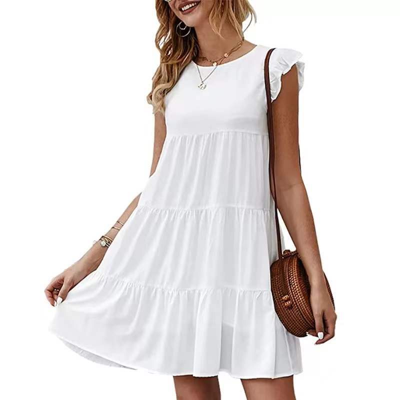 Summer Solid Color round Neck Short Sleeves Dress Casual Tiered Dress Pleated Large Swing Dress AXE