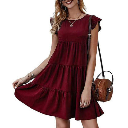 Summer Solid Color round Neck Short Sleeves Dress Casual Tiered Dress Pleated Large Swing Dress AXE