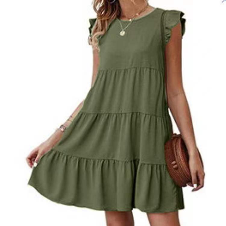 Summer Solid Color round Neck Short Sleeves Dress Casual Tiered Dress Pleated Large Swing Dress AXE