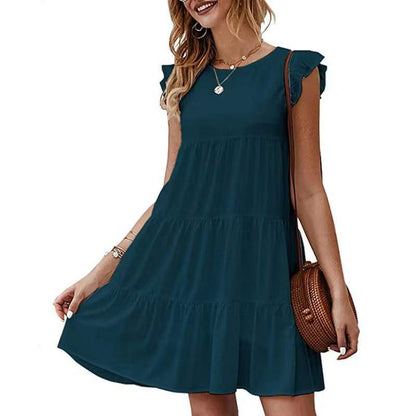 Summer Solid Color round Neck Short Sleeves Dress Casual Tiered Dress Pleated Large Swing Dress AXE