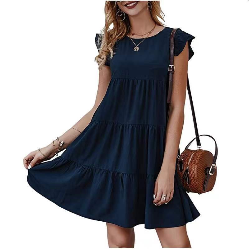 Summer Solid Color round Neck Short Sleeves Dress Casual Tiered Dress Pleated Large Swing Dress AXE