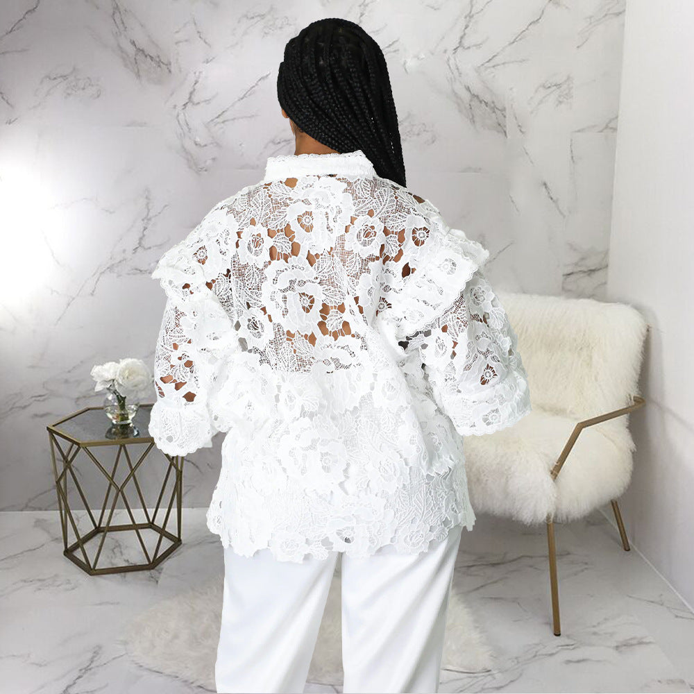Gilet en maille ajourée à volants et lacets pour femme, manches lanternes