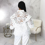 Gilet en maille ajourée à volants et lacets pour femme, manches lanternes