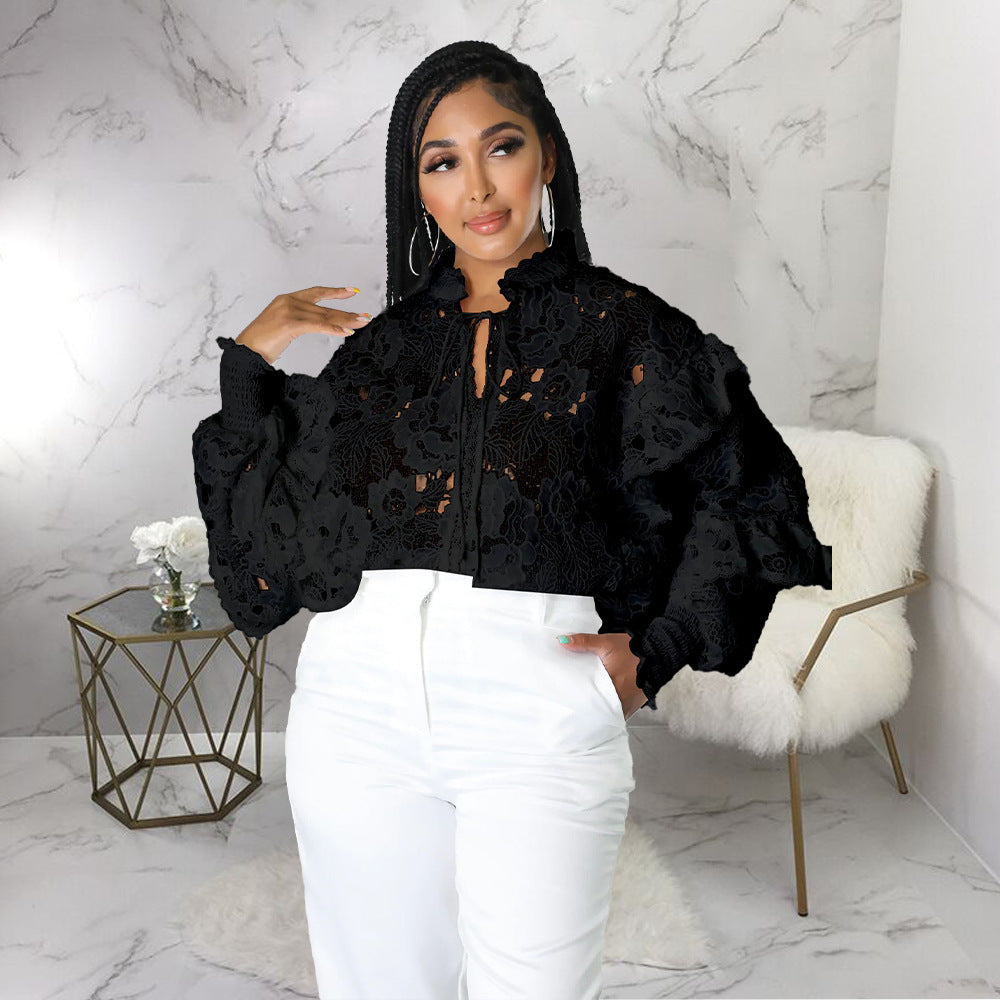 Gilet en maille ajourée à volants et lacets pour femme, manches lanternes
