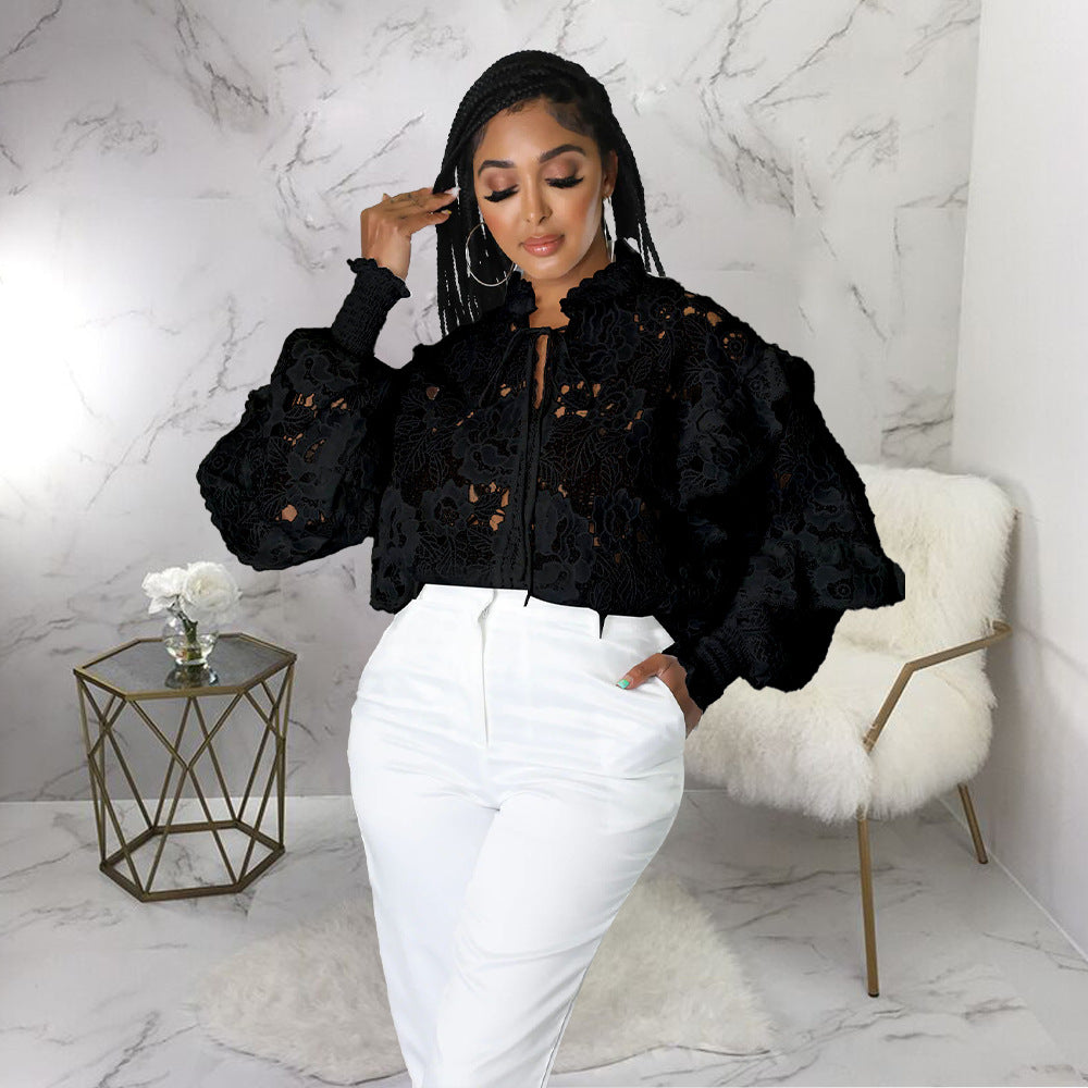 Gilet en maille ajourée à volants et lacets pour femme, manches lanternes