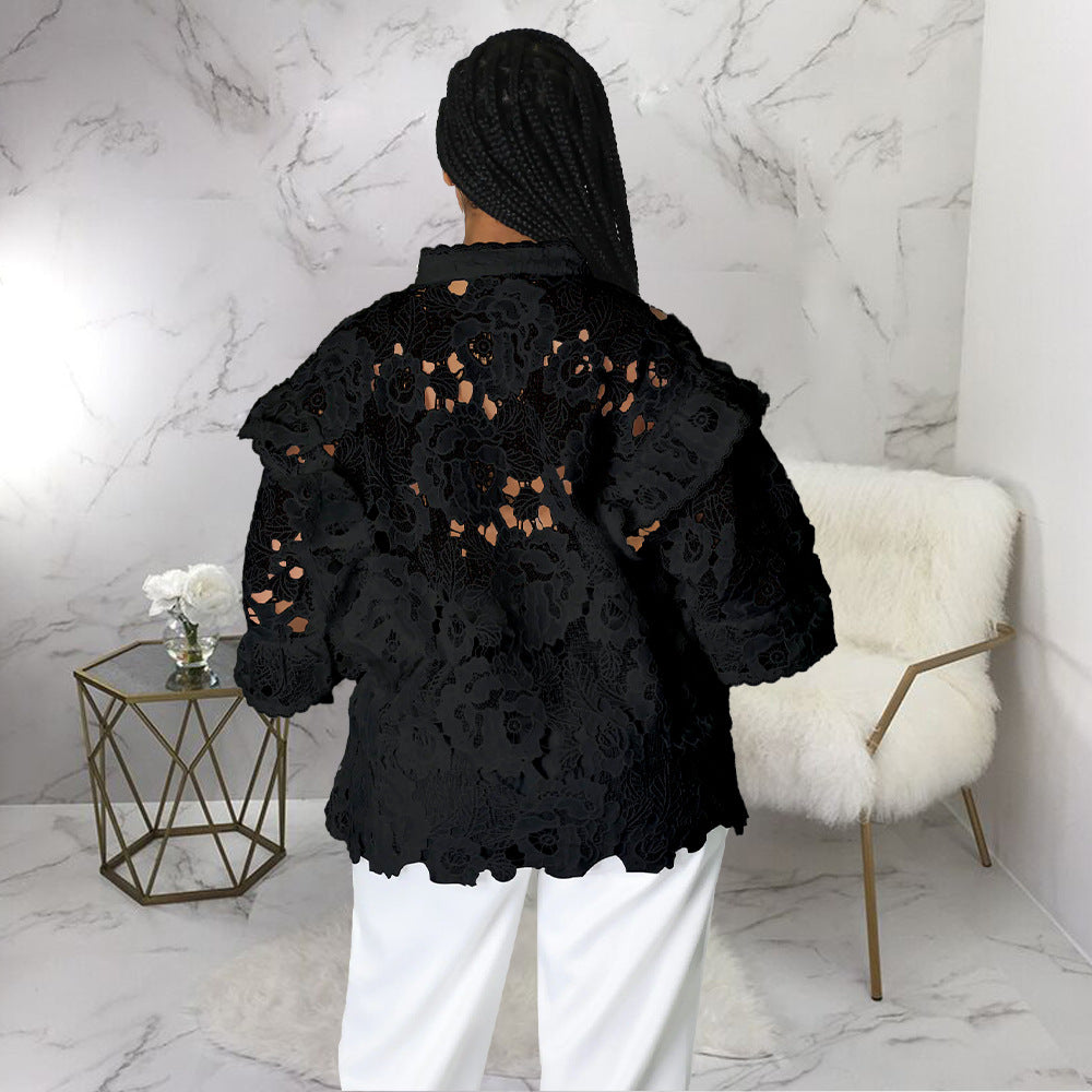 Gilet en maille ajourée à volants et lacets pour femme, manches lanternes
