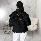 Gilet en maille ajourée à volants et lacets pour femme, manches lanternes