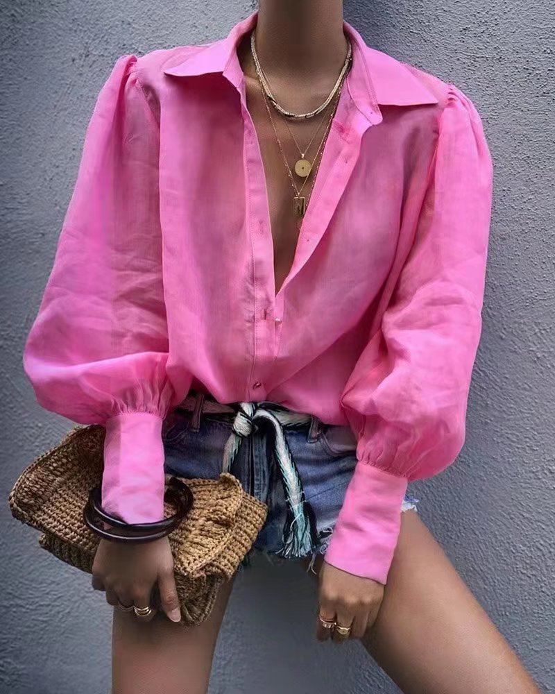 Chemise à manches longues en coton, col polo, couleur unie, simple boutonnage, manches lanternes, pour femme