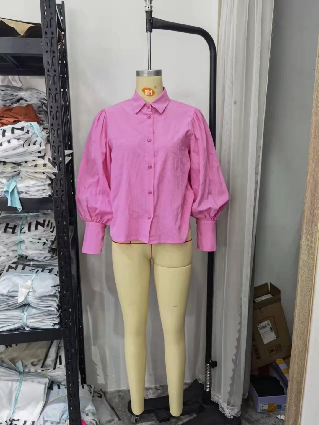Chemise à manches longues en coton, col polo, couleur unie, simple boutonnage, manches lanternes, pour femme