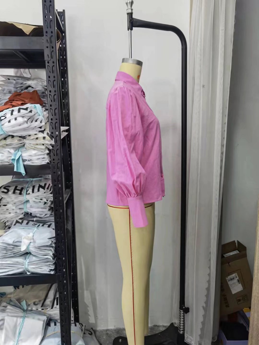 Chemise à manches longues en coton, col polo, couleur unie, simple boutonnage, manches lanternes, pour femme