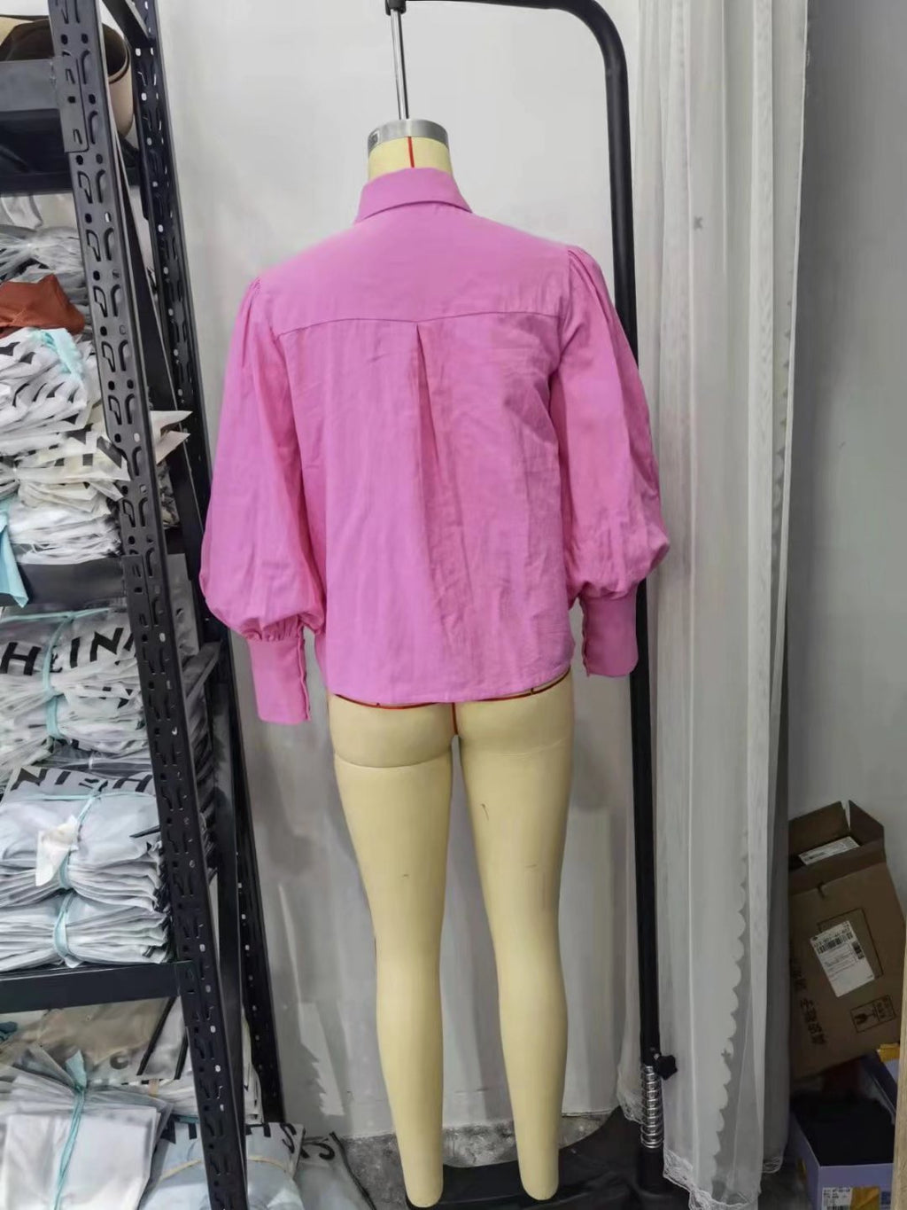 Chemise à manches longues en coton, col polo, couleur unie, simple boutonnage, manches lanternes, pour femme