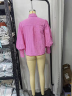 Chemise à manches longues en coton, col polo, couleur unie, simple boutonnage, manches lanternes, pour femme