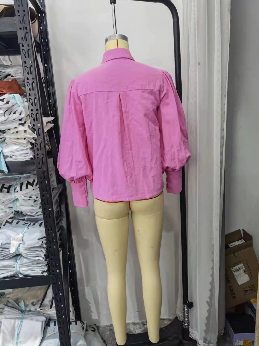 Chemise à manches longues en coton, col polo, couleur unie, simple boutonnage, manches lanternes, pour femme
