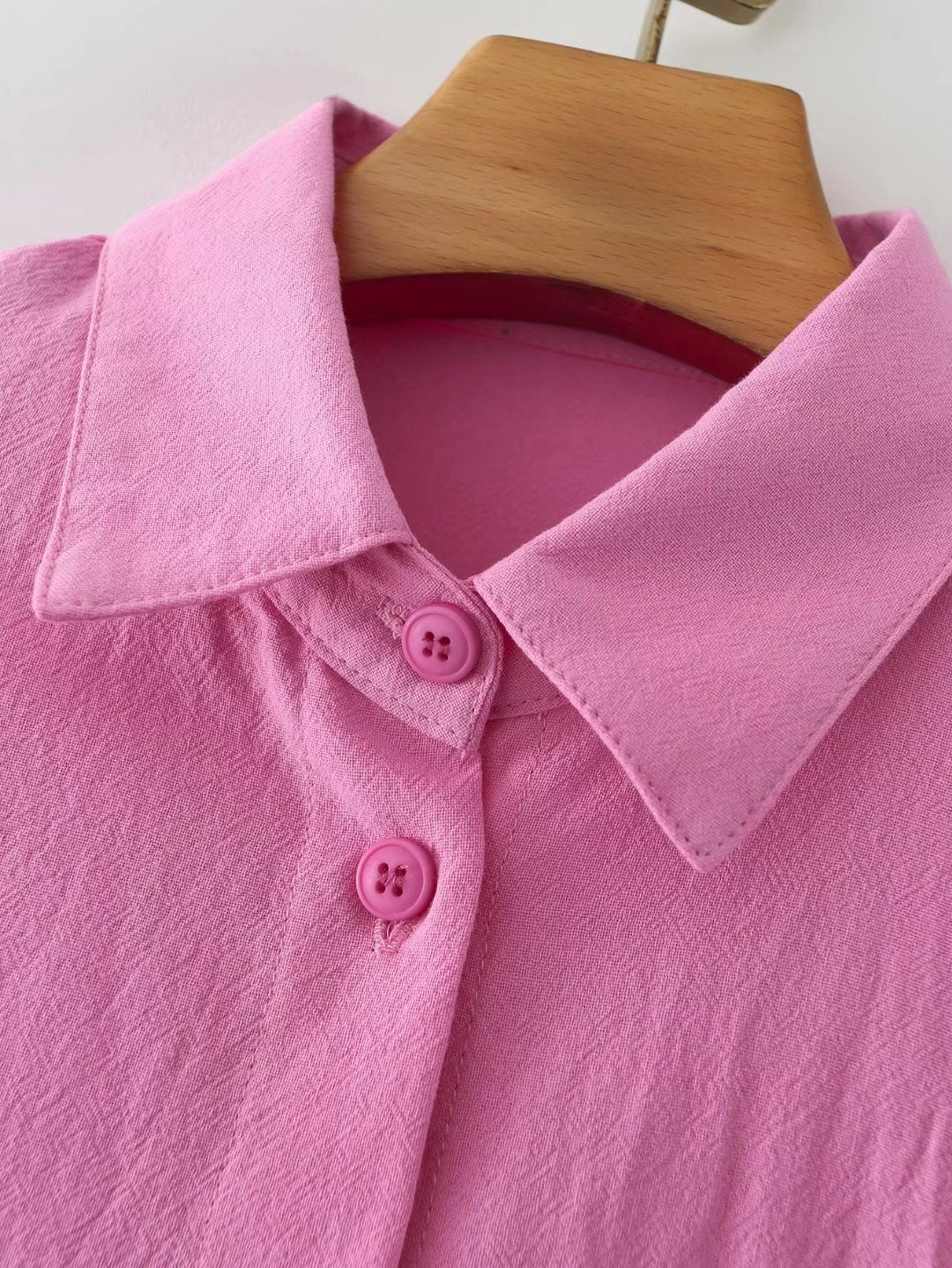 Chemise à manches longues en coton, col polo, couleur unie, simple boutonnage, manches lanternes, pour femme