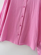 Chemise à manches longues en coton, col polo, couleur unie, simple boutonnage, manches lanternes, pour femme