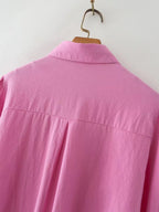 Chemise à manches longues en coton, col polo, couleur unie, simple boutonnage, manches lanternes, pour femme