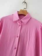 Chemise à manches longues en coton, col polo, couleur unie, simple boutonnage, manches lanternes, pour femme