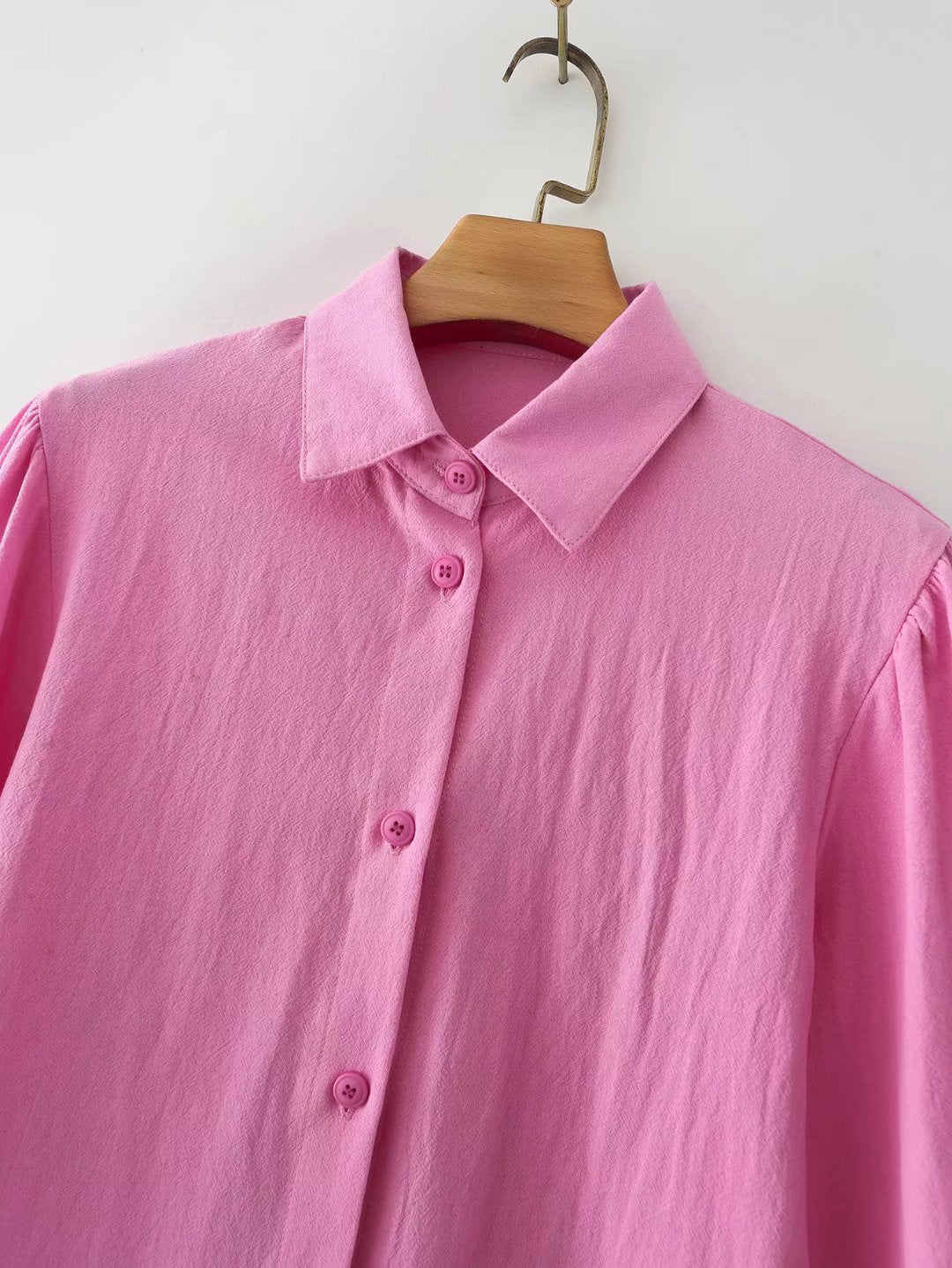 Chemise à manches longues en coton, col polo, couleur unie, simple boutonnage, manches lanternes, pour femme
