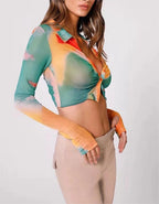 Camisa de manga larga teñida con lazo para primavera y verano, holgada, elegante y con cuello elegante para mujer.