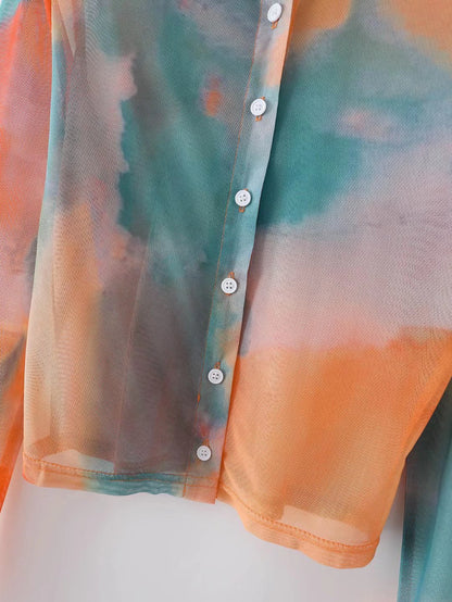 Chemise printemps-été tie-dye à manches longues, coupe ample, élégante et raffinée, col montant.