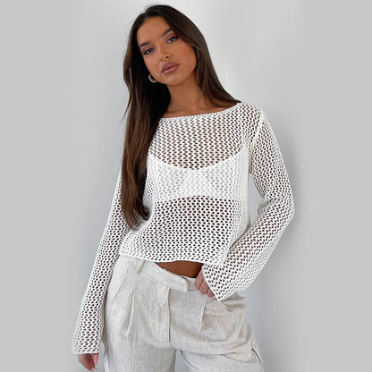 Hollow Out Cutout Sweater Solid Color round Neck Long Sleeve Knitted Blouse