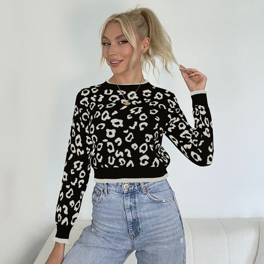 Round Neck Leopard Print Knitted Pullover Top Short Sweater Autumn Winter Women Pullover