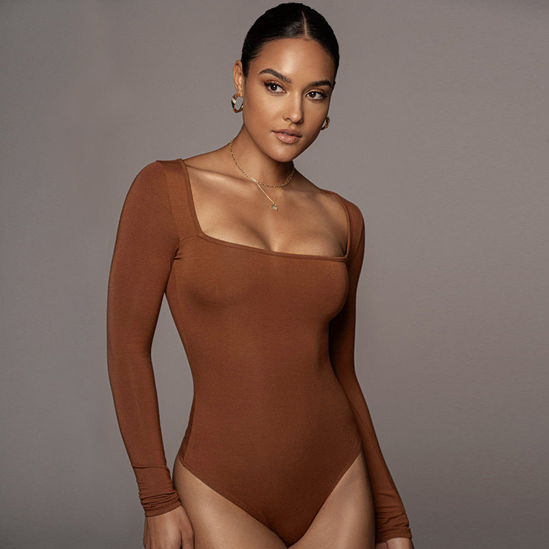 Body sexy de una pieza con escote cuadrado y manga larga ajustado para mujer, ropa de otoño