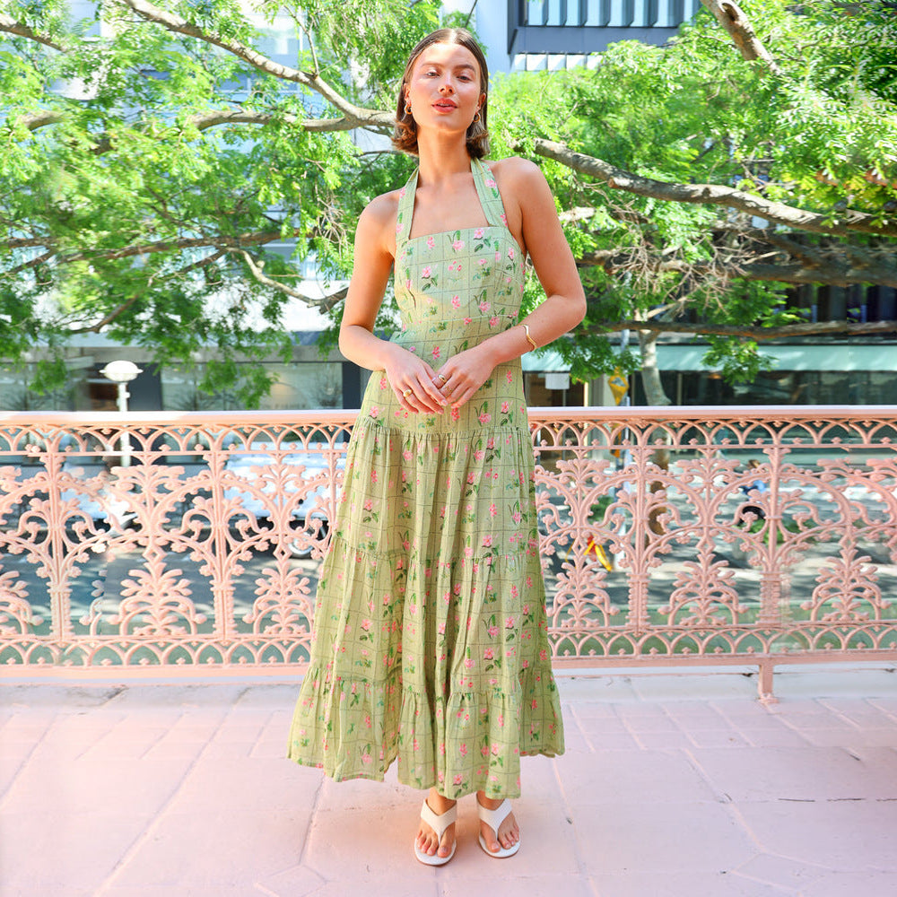 Vestido halter sin mangas con estampado dulce para mujer, sexy, con espalda descubierta y corte A