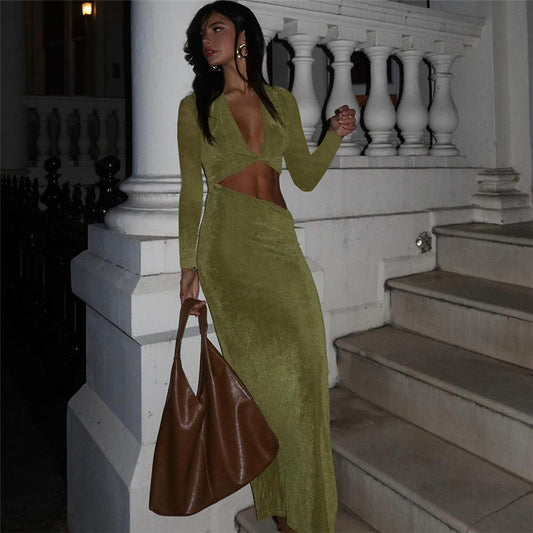 Autumn Winter Women Clothing Sexy Deep V Plunge neck Solid Color Slim Fit Sheath Long Sleeve Dress Women