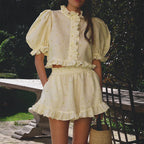 Stitching Design Ruffled Small Stand Collar Puff Sleeve Start Top Shorts Two Piece Casual Suit Women Kigali