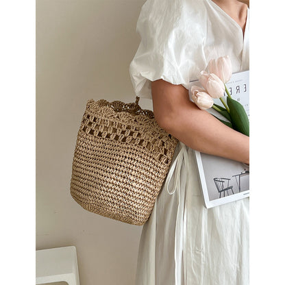 Bolso de hombro de rafia con paja y encaje calado, bolso tejido, bolso de playa para vacaciones, bolso para mujer 